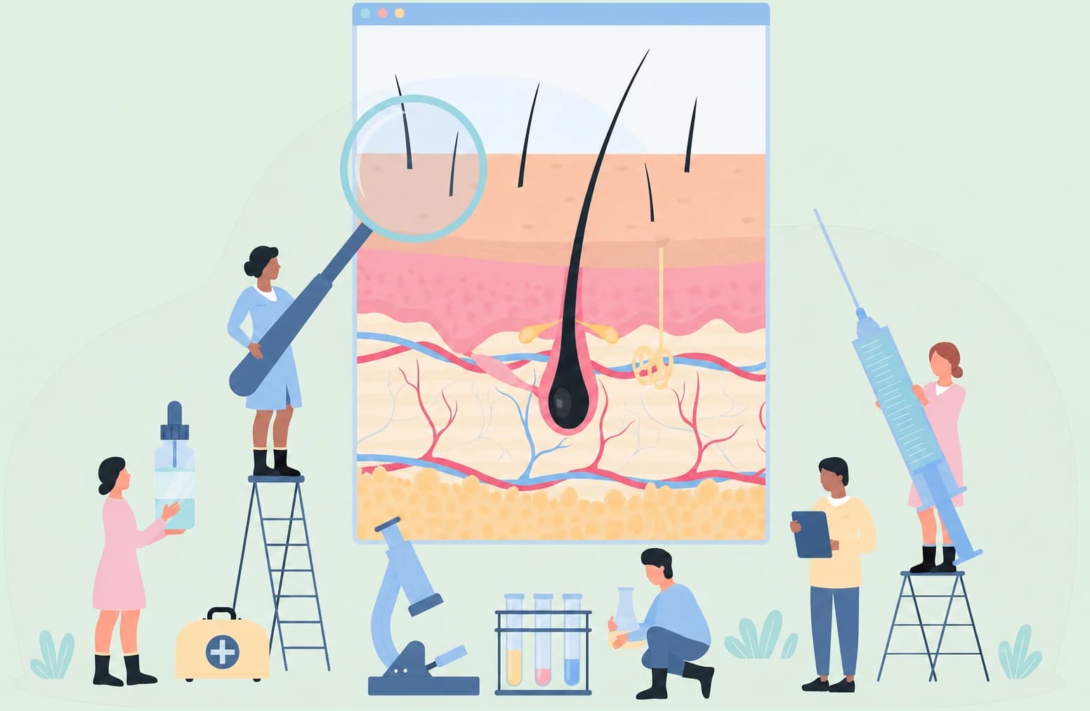Trichology examination illustration — specialists analysing the scalp and a hair follicle