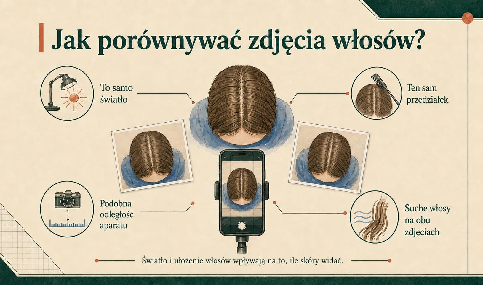 Jak porównywać zdjęcia włosów: jednakowe światło, przedziałek, odległość aparatu i suche włosy