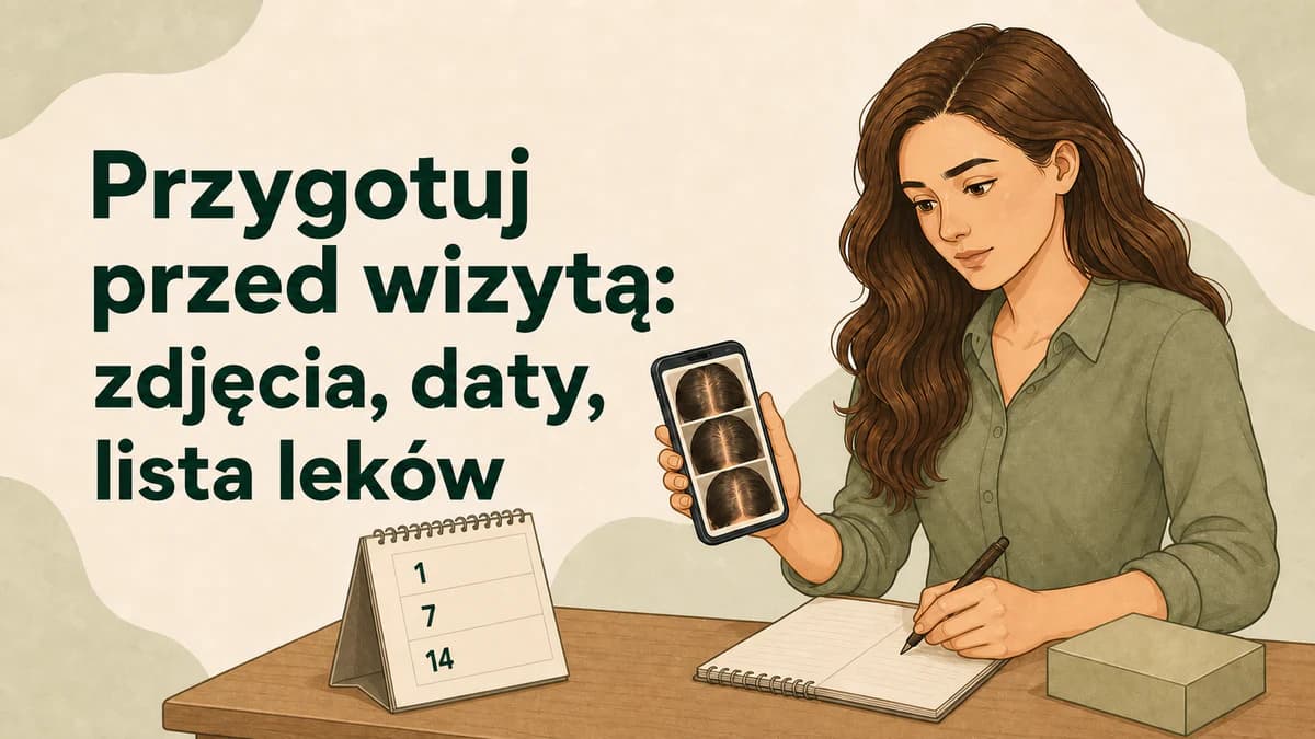 Rysunkowa lista rzeczy do przygotowania przed wizytą: zdjęcia, daty i lista leków