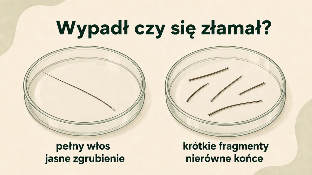 Rysunkowe porównanie pełnego włosa z jasnym zgrubieniem i krótkich, złamanych fragmentów włosów