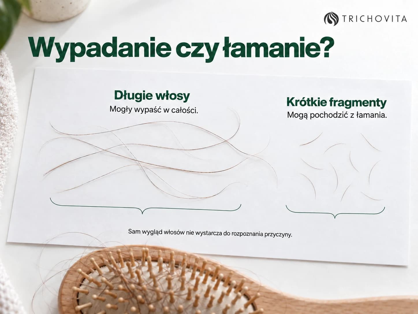 Fotograficzne porównanie długich włosów i krótkich fragmentów pozostałych po czesaniu
