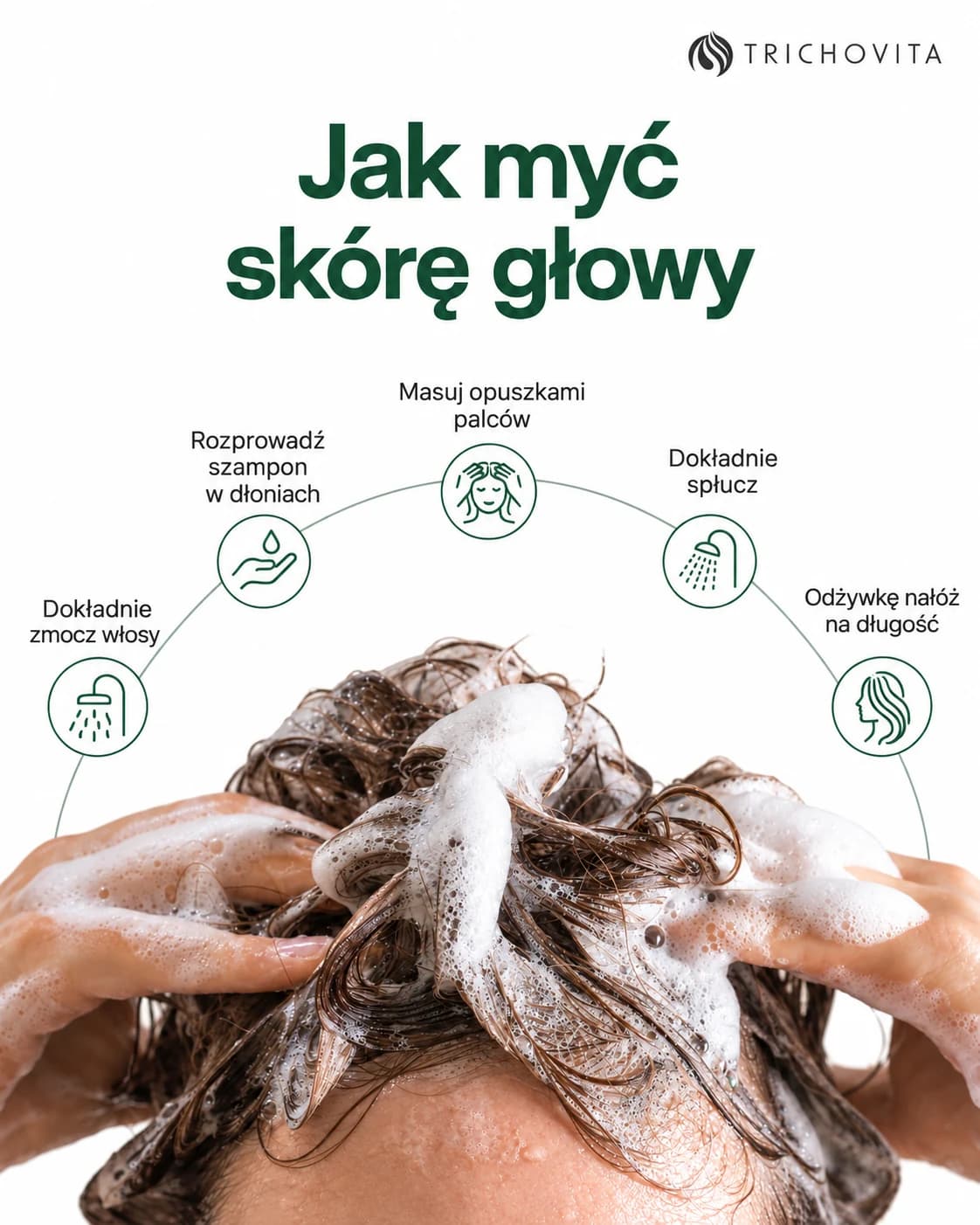 Jak myć skórę głowy: zmoczenie włosów, rozprowadzenie szamponu, masaż opuszkami, spłukanie i odżywka na długość